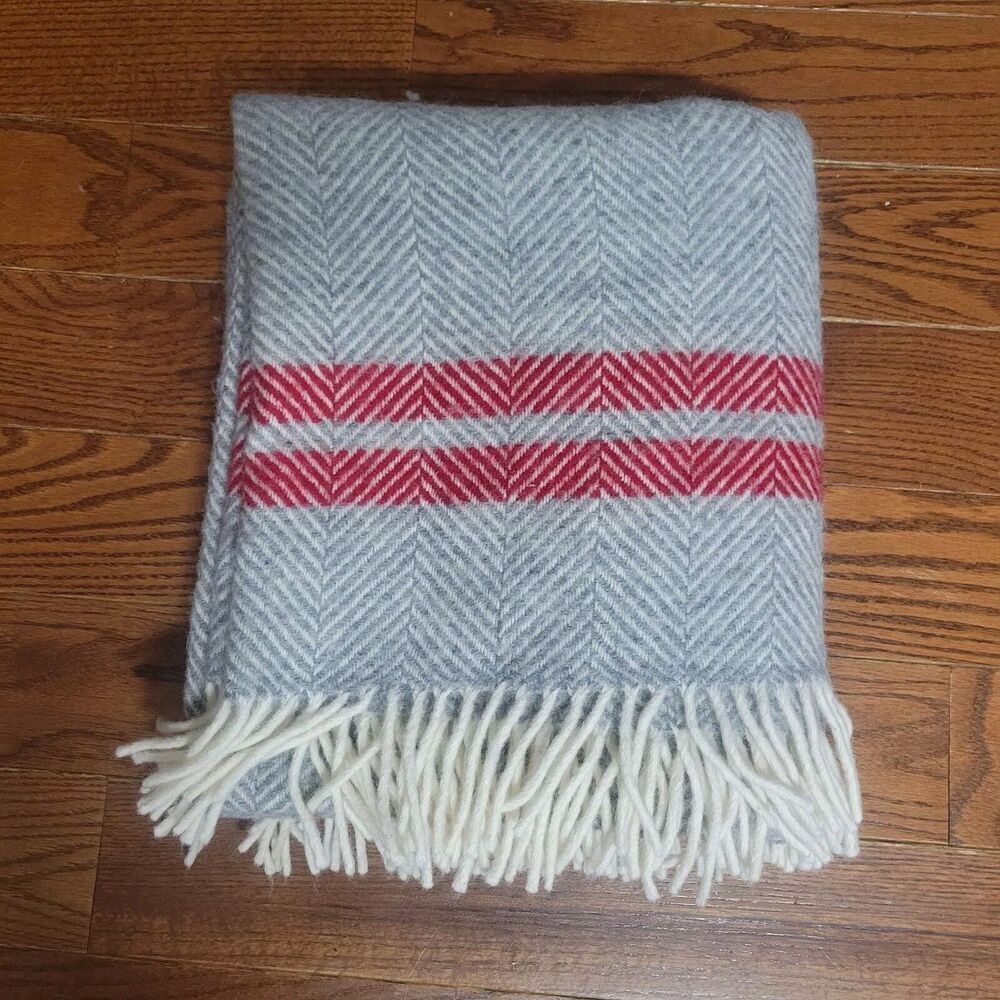 Tweedmill 100% Wool Throw Blanket Fishbone Grey/ Red Stripe Throw‎ Blanket